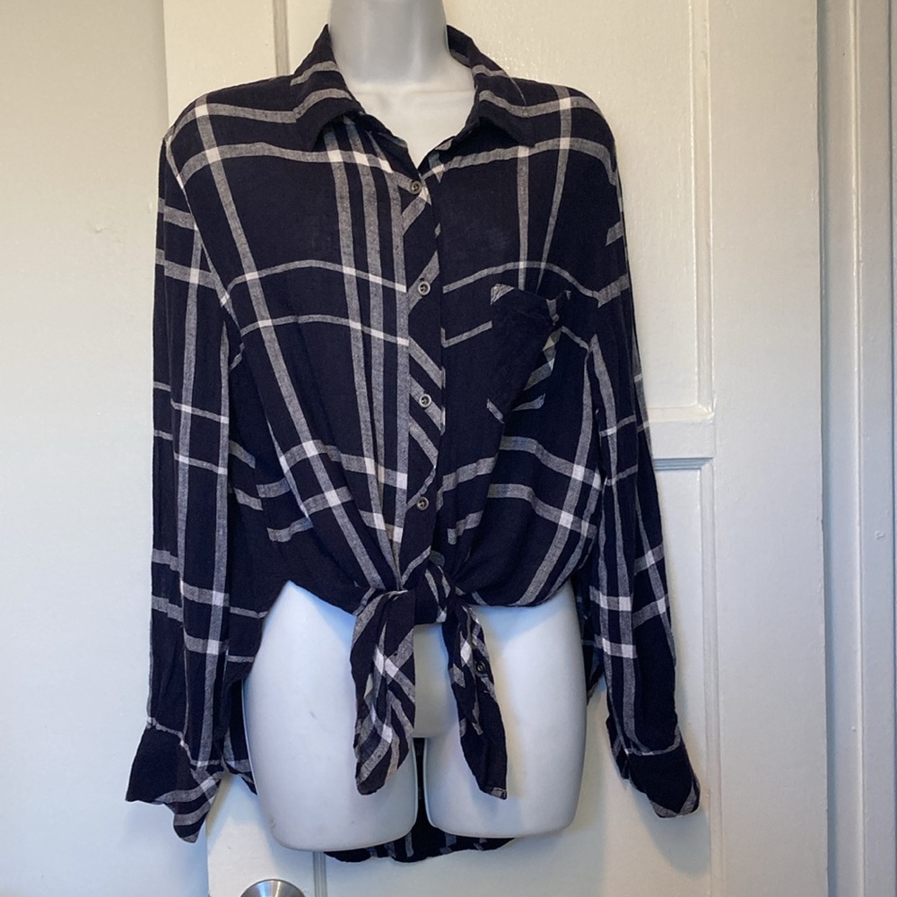 RAILS Womens Navy Blue and Vanilla White Plaid Button-Up Shirt Linen Blend Lg